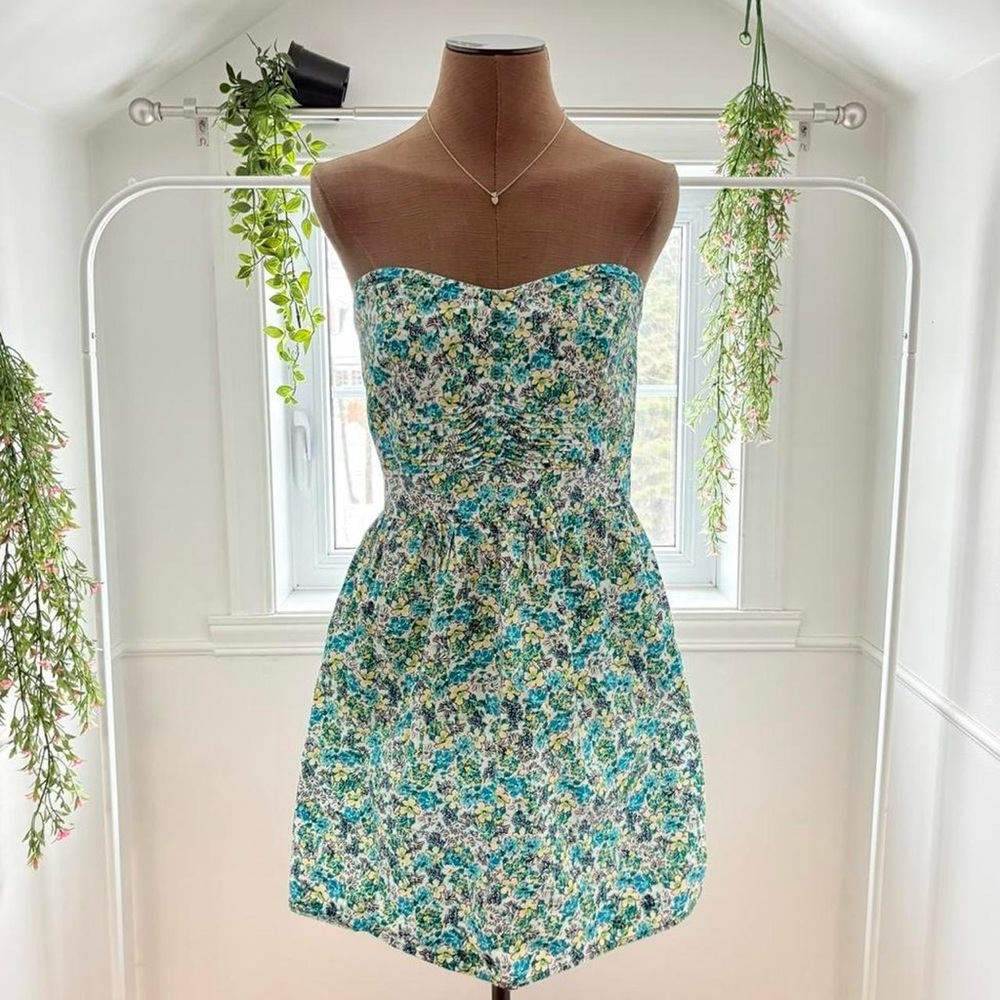 BeBop Strapless Floral Mini Dress in Blue and Green
